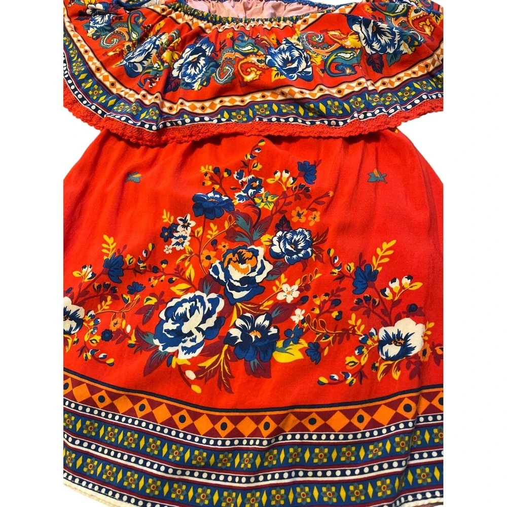 Flying Tomato Red Floral Off Shoulder Mini‎ Dress Bohemian Boho Festival Small
